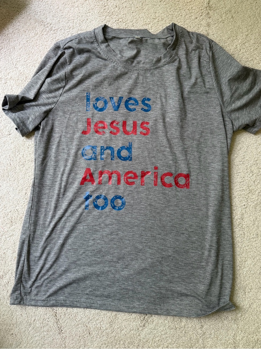 Womens Gray Graphic Tee - 'loves Jesus and America too'